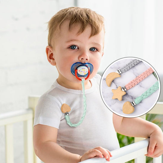 Attache tétine bébé mixte en bois et coton, design naturel et sans danger
