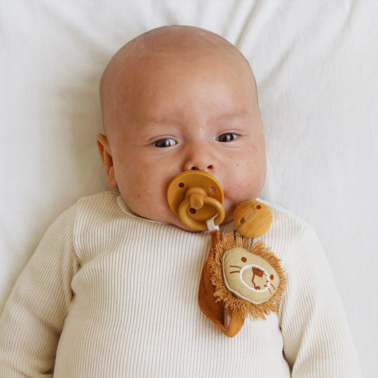 Attache tétine en coton tricoté et bois naturel, pour bébé fille ou garçon
