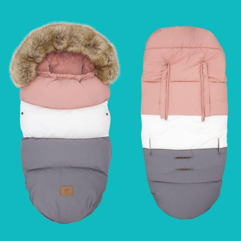 Chancelière poussette couleur rose blanc-gris
